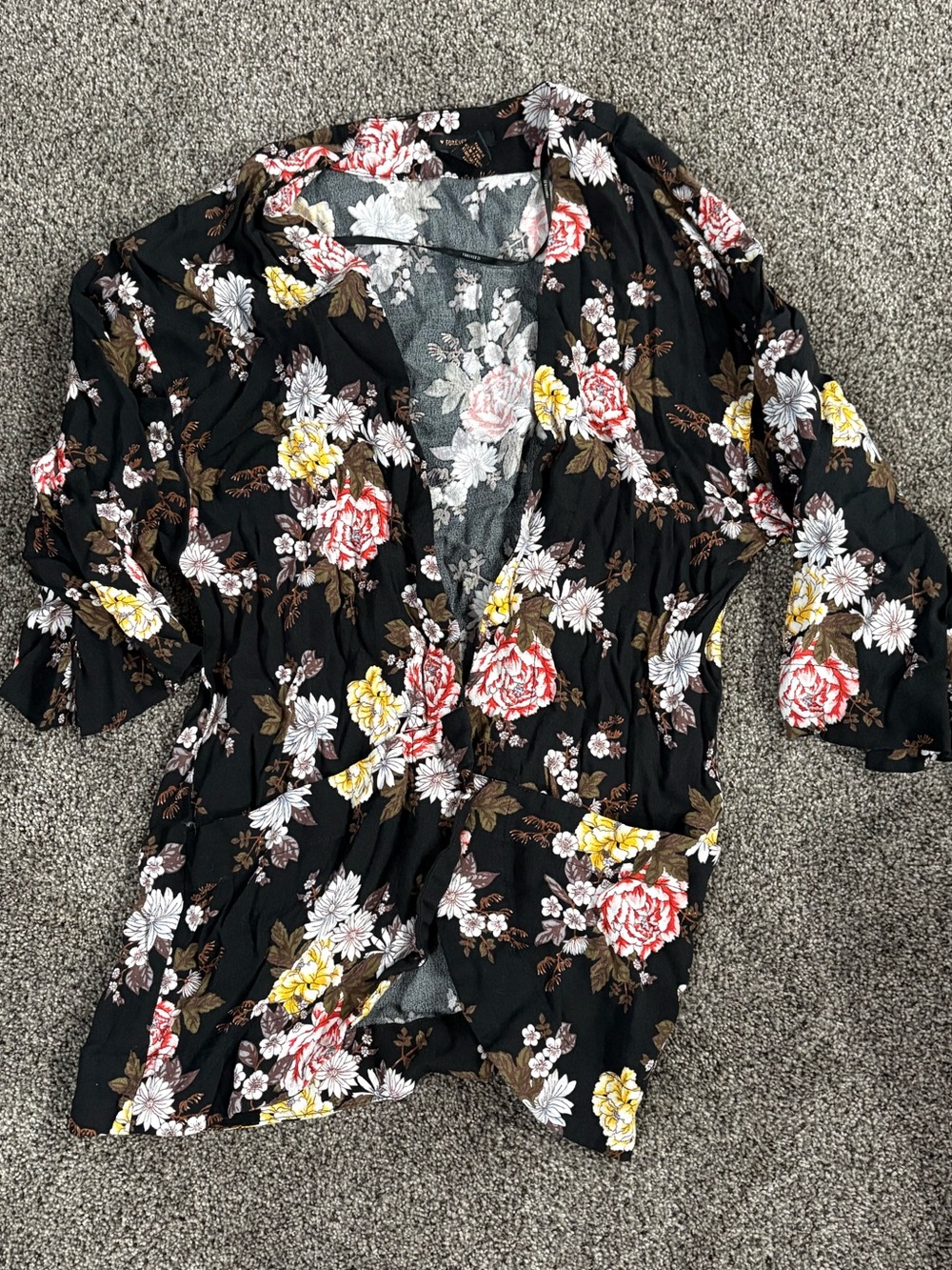 Forever 21 Black Floral V-Neck Kimono Shirt with Pink and Yellow Flowers